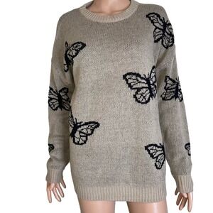 JUST POLLY Juniors' Butterfly Crewneck Pullover Sweater SZ MD Tan & Black